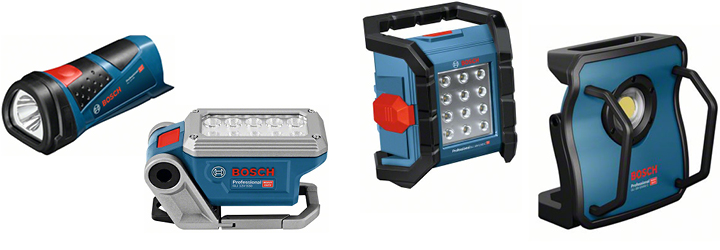 Ob auf der Baustelle, in der Werkstatt oder unterwegs: BOSCH bietet mobile Beleuchtung für jede Situation mit starker Leuchtkraft und langer Laufzeit in den Voltklassen 12 V-LI bis 18 V.