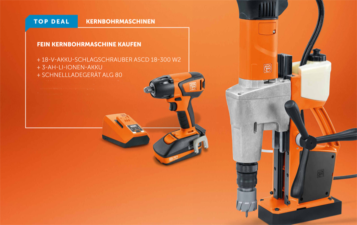 FEIN Top-Deal bis zum 30.06.2020 Aktions-Kernbohrmaschine kaufen und GRATIS 18-V-Akku-Schlagschrauber, 18 V Li-Ionen-Akku und Schnellladegerät ALG 80 sichern!